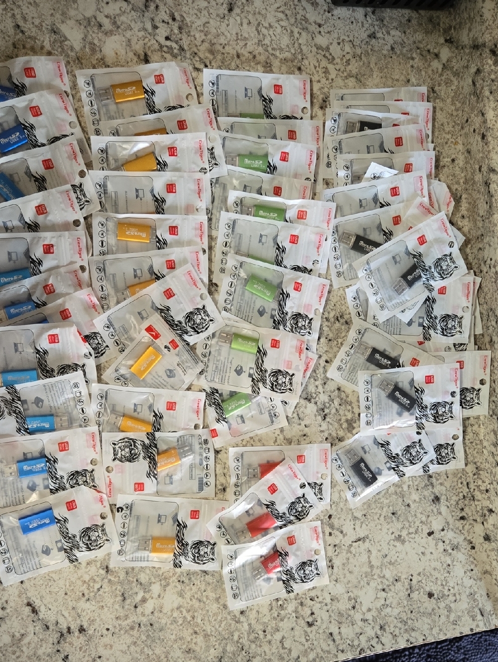 64 Bulk Pack of Colorful Packaged USB Micro SD CARD Adapters